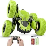 Haktoys Remote Control Stunt Car, Green RC Truck, Rechargeable with Flashing LED Lights & Quiet Play Mode Tumbling Spinning Action RC Car for Kids