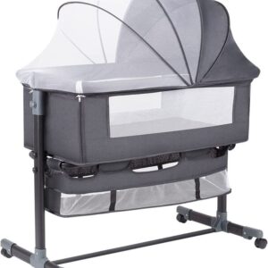 3 in 1 Baby Bassinet, Baby Bassinet with storage basket and wheels , 6 Adjustable Height Portable Crib for New born and Infant